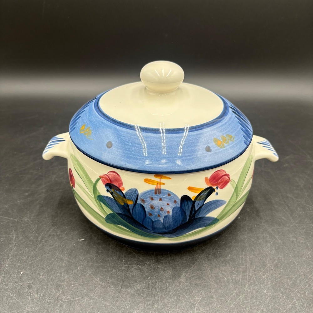 Vtg Gail Pittman Hand Painted Flower Ceramic Lid Casserole Dish Blue Serving Pot